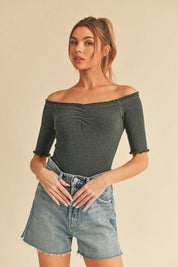 Charcoal Aemi + Co Ruched Frill Off-Shoulder Half Sleeve Knit Top | Tops Daverri Fashions