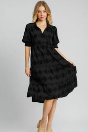 Black S Umgee Full Size Swiss Dot Jacquard Tiered Midi Dress Plus Size | Mid Dresses Daverri Fashions