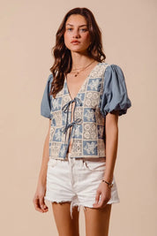 SO ME Crochet Lace Tie Front V Neck Blouse Top | Daverri Fashions