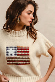 BiBi American Flag Patchwork Drop Shoulder Sweater | Sweaters Daverri Fashions