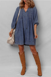 Tie Neck Long Sleeve Mini Denim Dress | Mini Dresses Daverri Fashions