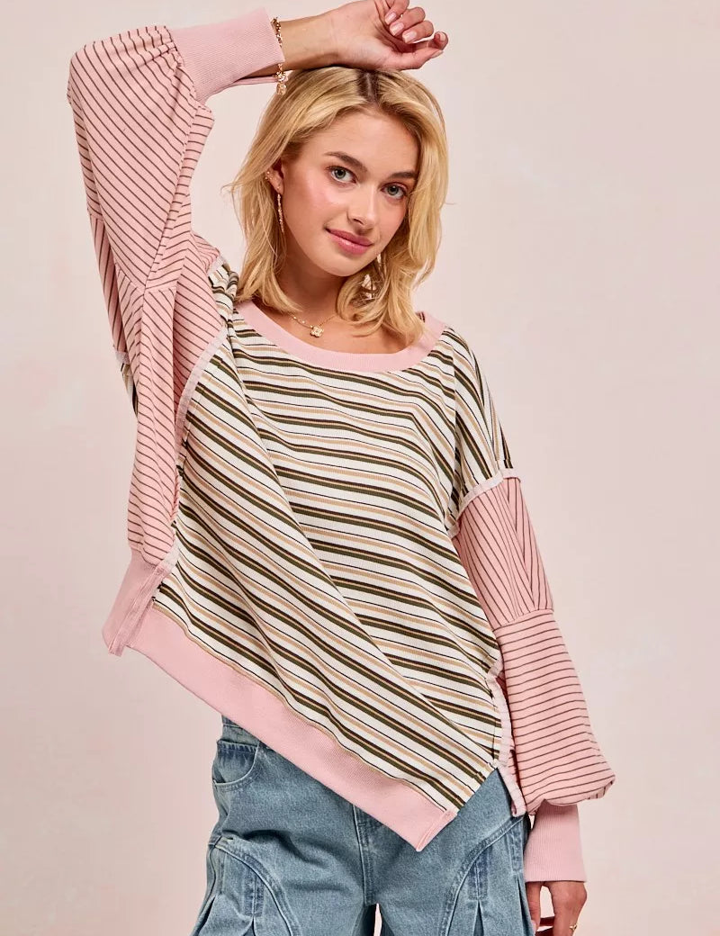 BiBi Stripe Mixed Top With Cut Edge And Reverse Outseam | Sweatshirts Daverri Fashions