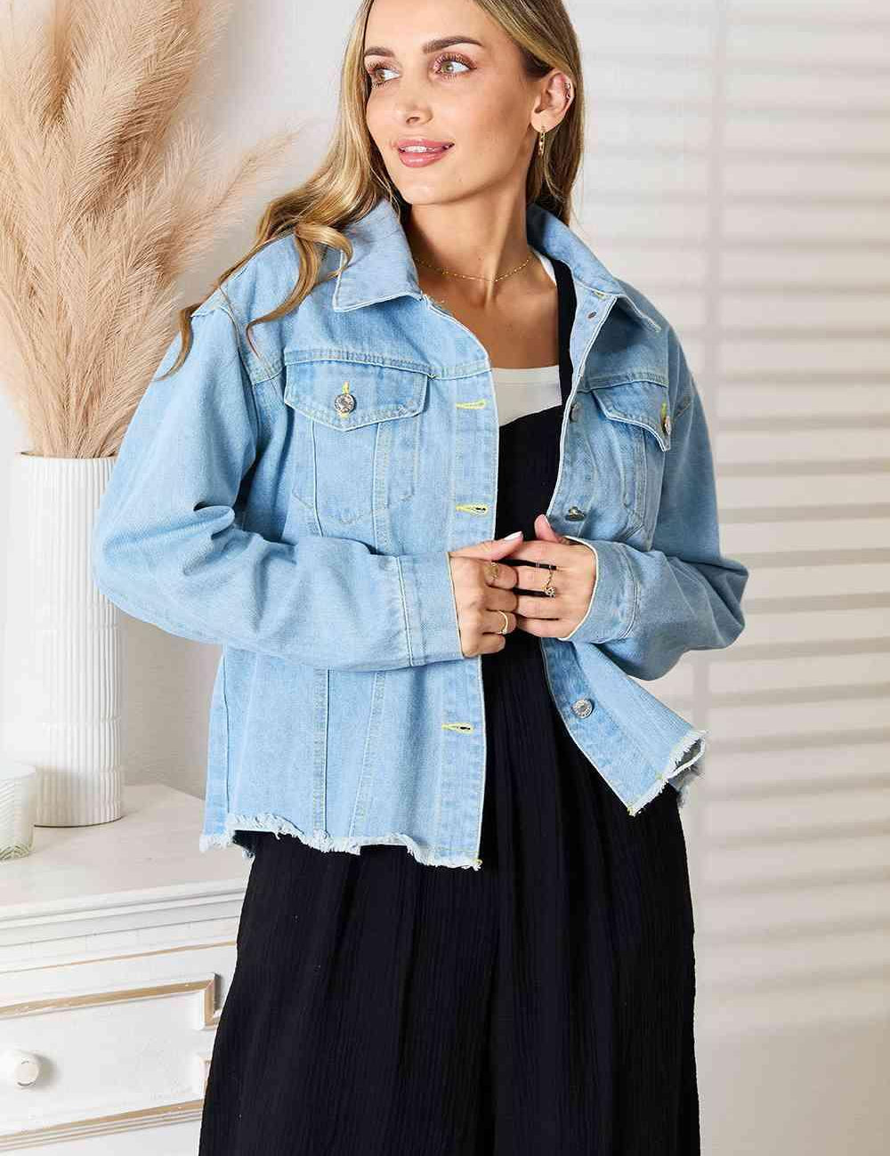 Light S Double Take Dropped Shoulder Raw Hem Denim Jacket | Jackets Daverri Fashions