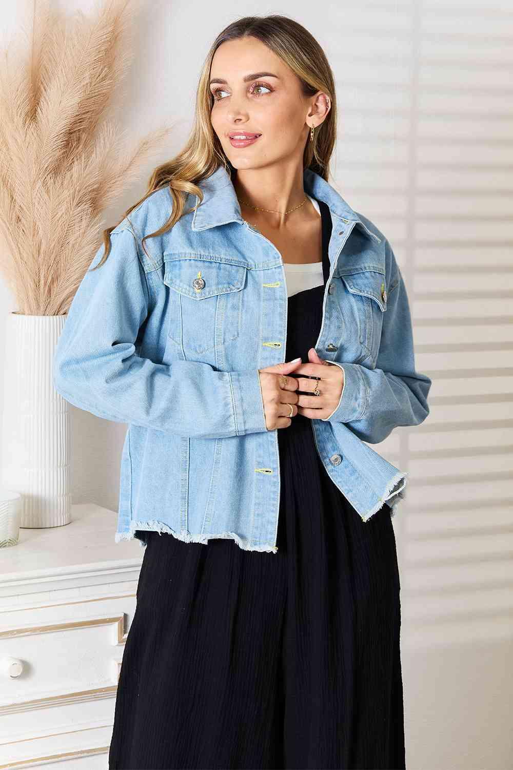 Light S Double Take Dropped Shoulder Raw Hem Denim Jacket | Jackets Daverri Fashions