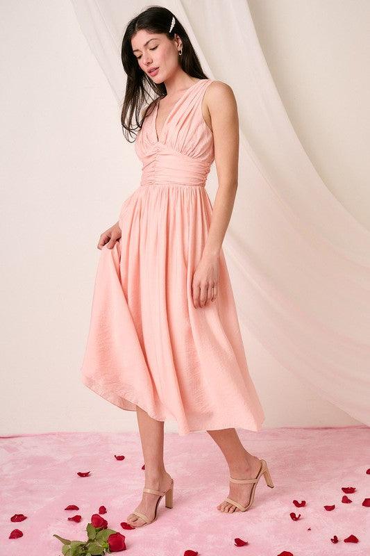 Mittoshop Ruched V-Neck Sleeveless Midi Dress | Mid Dresses Daverri Fashions