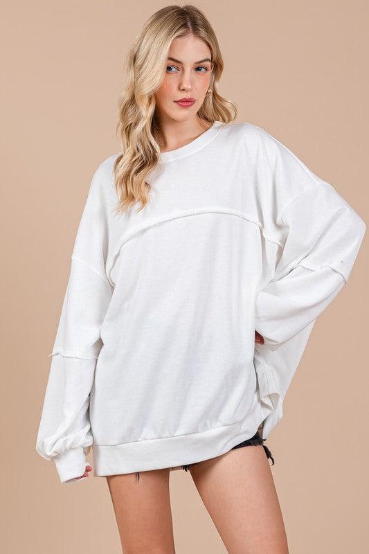 White Ces Femme Exposed Seam Long Sleeve Sweatshirt | Sweatshirts Daverri Fashions