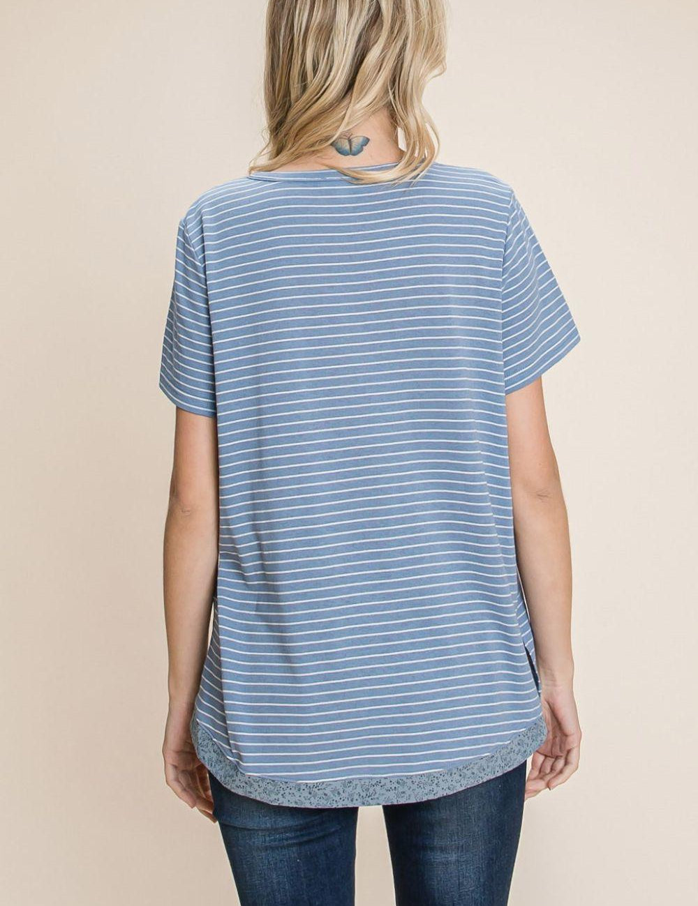 Slit Striped Notched Short Sleeve T-Shirt | T-Shirts Daverri Fashions