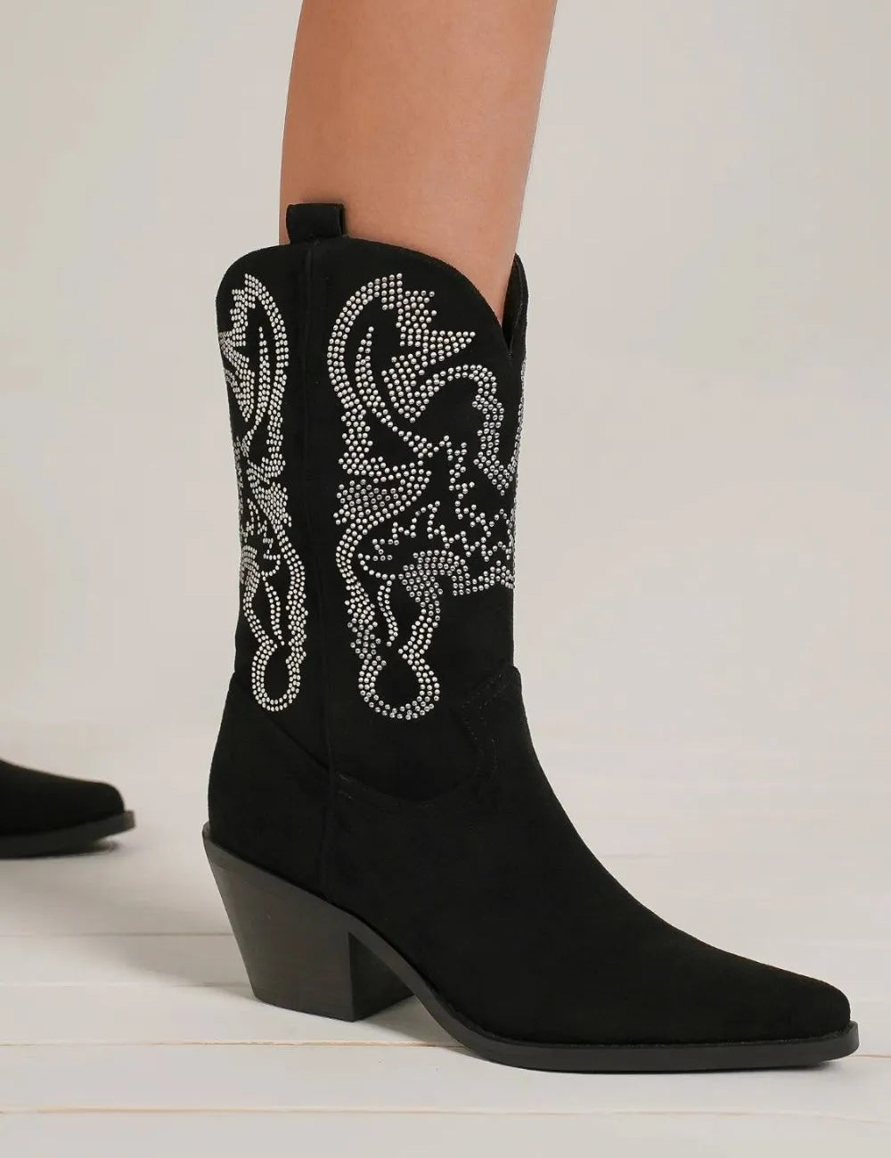Black Beast Fashion Rhinestone Detail Point Toe Boots | Boots Daverri Fashions