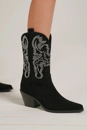 Black Beast Fashion Rhinestone Detail Point Toe Boots | Boots Daverri Fashions