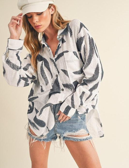 Aemi + Co High-Low Printed Button Up Long Sleeve Shirt | Daverri Fashions