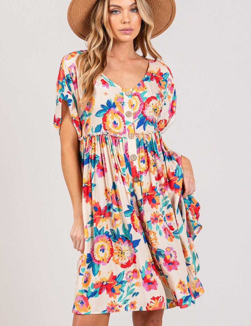 Multi SAGE + FIG Full Size Floral Button-Down Short Sleeve Dress | Knee Length Dresses Daverri Fashions