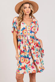 Multi SAGE + FIG Full Size Floral Button-Down Short Sleeve Dress | Knee Length Dresses Daverri Fashions