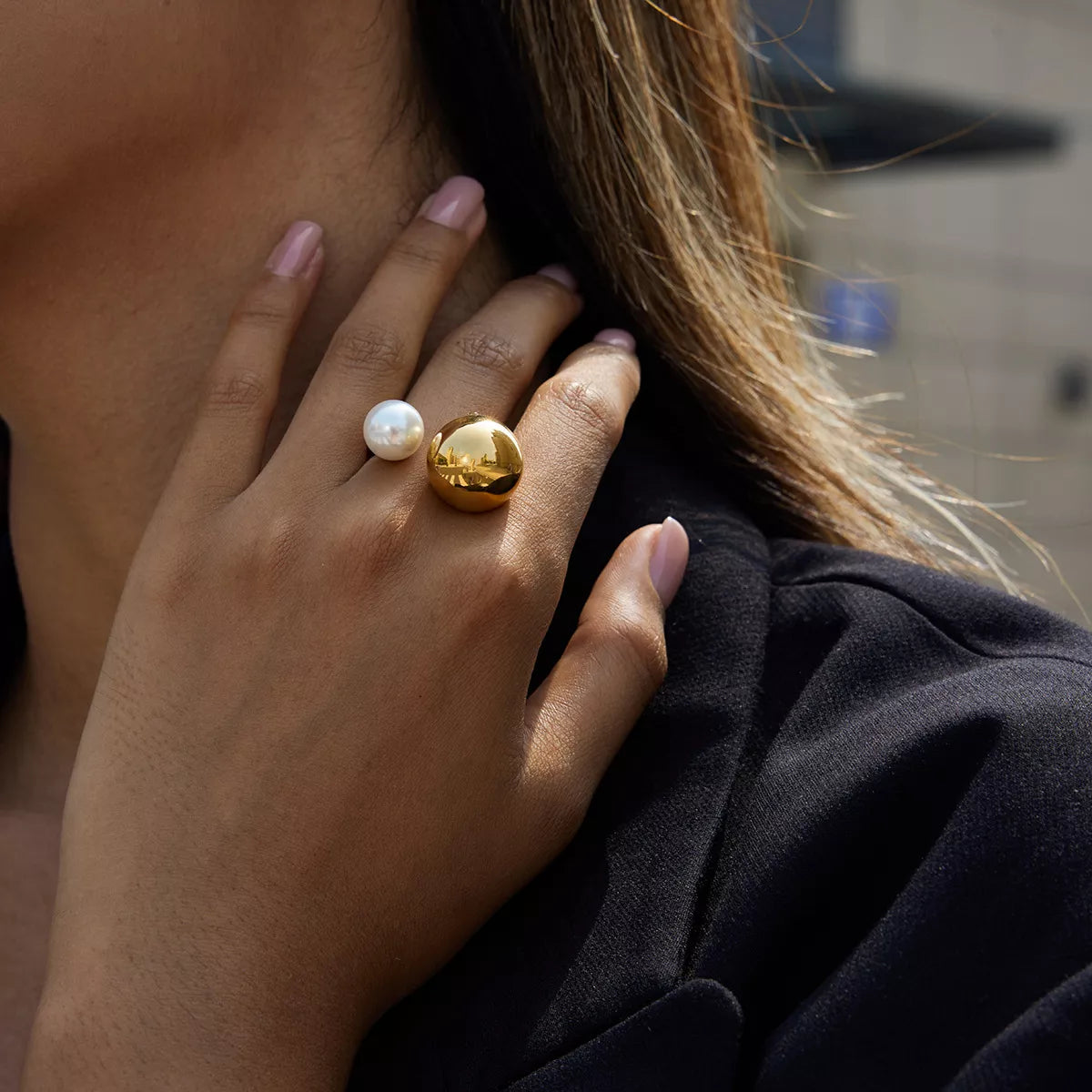 18K Gold-Plated Orb & Pearl Open Ring | Jewelry Daverri Fashions