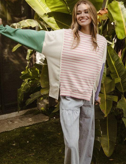 PINK BiBi Exposed Seam Slit Striped Round Neck T-Shirt | T-Shirts Daverri Fashions