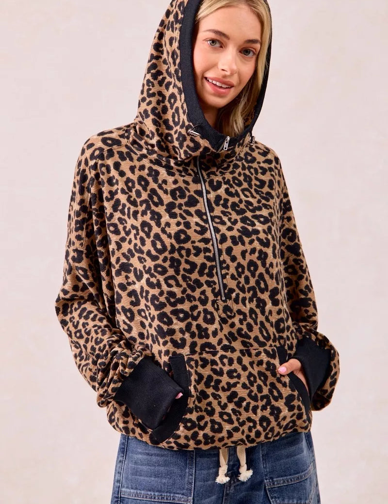 BiBi Leopard Print Waffle Half Zip Up Hoodie W Pocket | Hoodies Daverri Fashions