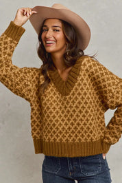 SO ME Color Block Textured Christmas Sweater V Neck Top | Sweaters Daverri Fashions