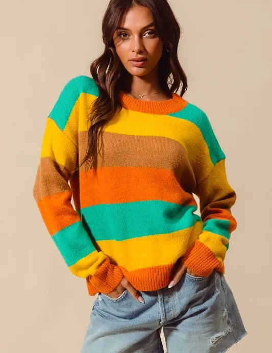RUS JAD MUST COFF SO ME Multi Color Stripe Sweater with Ribbed Detail | Sweaters Daverri Fashions