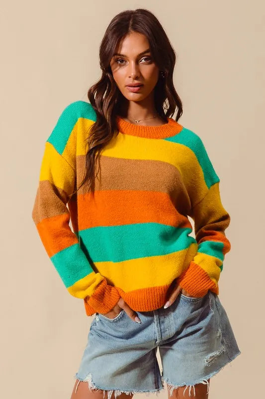 RUS JAD MUST COFF SO ME Multi Color Stripe Sweater with Ribbed Detail | Sweaters Daverri Fashions