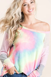 BiBi Tie Dye Terry Top with Color Block Pointelle Knit | Tops Daverri Fashions