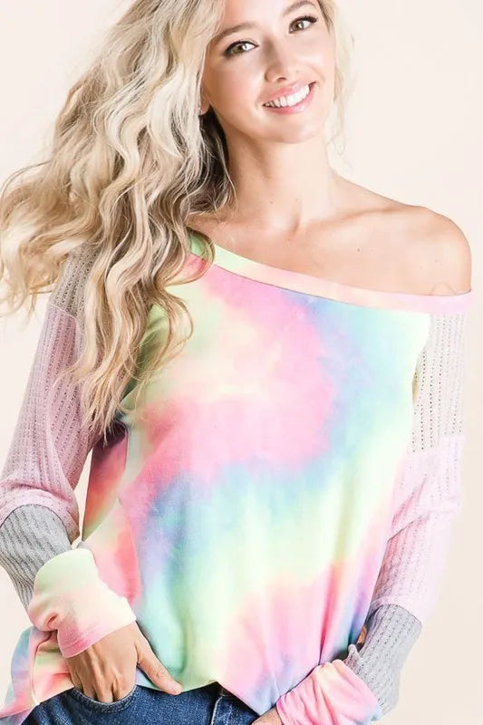 BiBi Tie Dye Terry Top with Color Block Pointelle Knit | Tops Daverri Fashions