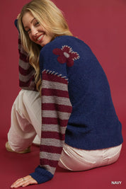 Umgee Flower Jacquard Striped Long Sleeve Sweater | Sweaters Daverri Fashions