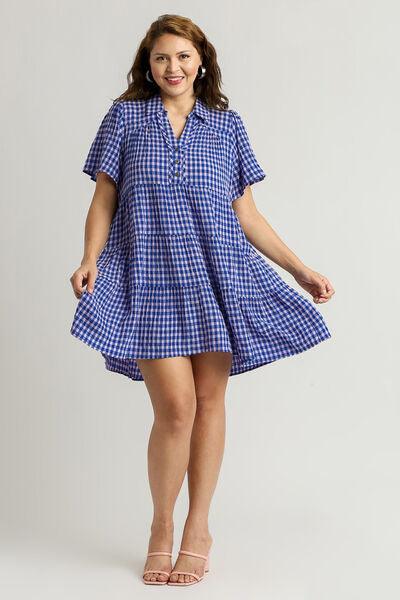 Umgee Full Size Gingham Tiered Button Detail Short Sleeve Dress Plus Size | Daverri Fashions