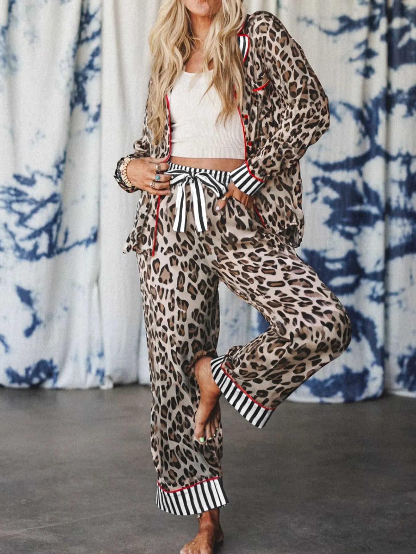 Leopard Leopard and Striped Trim Shirt and Pants Set | Loungewear Sets Daverri Fashions