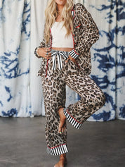Leopard Leopard and Striped Trim Shirt and Pants Set | Loungewear Sets Daverri Fashions