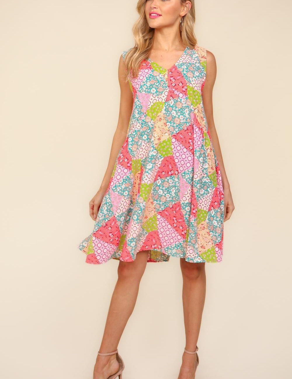 Peach Sage Haptics Full Size Babydoll Floral Patchwork Dress with Side Pockets | Babydoll Dresses Daverri Fashions