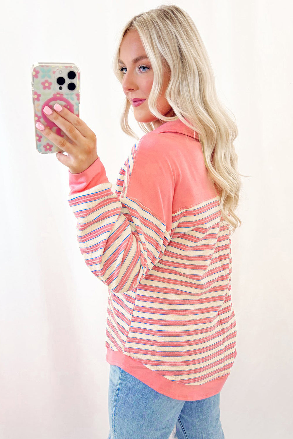 Striped Buttoned V Neck Collared Drop Shoulder Top | Tops/Long Sleeve Tops Daverri Fashions