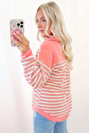 Striped Buttoned V Neck Collared Drop Shoulder Top | Tops/Long Sleeve Tops Daverri Fashions