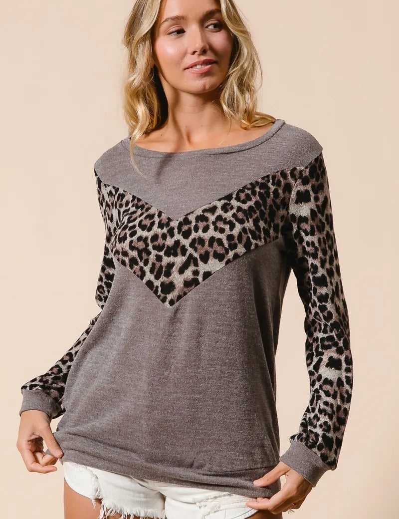 BiBi Sweater Knit Top With Leopard V Shape Block | Sweaters Daverri Fashions