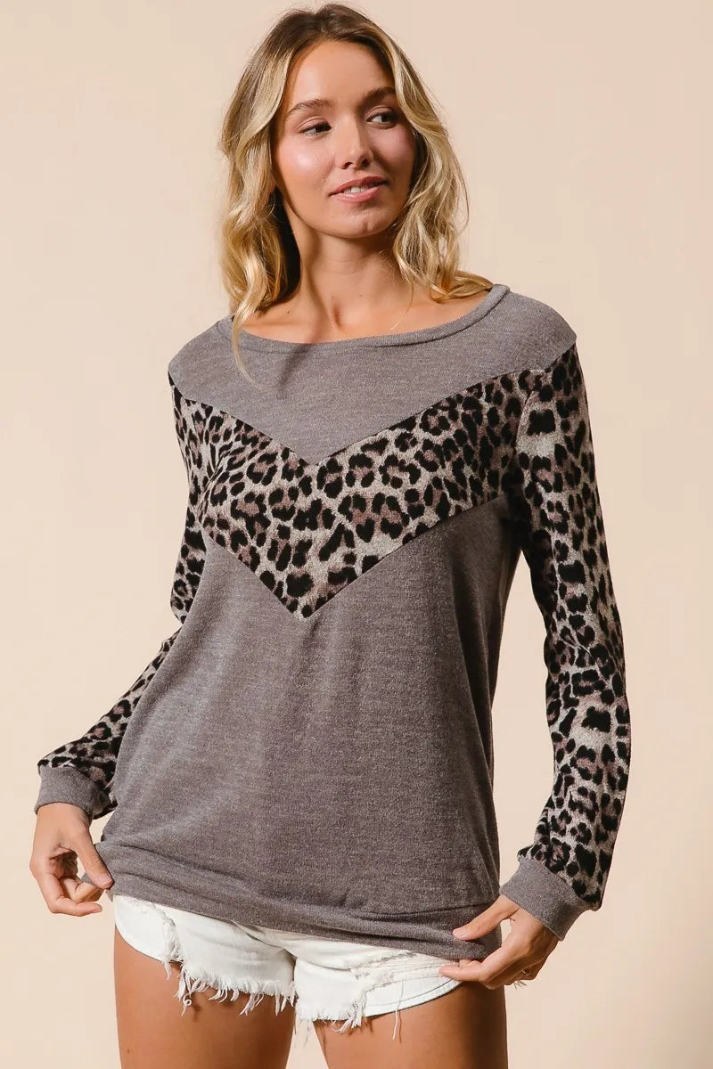 BiBi Sweater Knit Top With Leopard V Shape Block | Sweaters Daverri Fashions