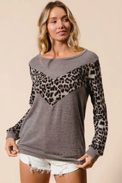 BiBi Sweater Knit Top With Leopard V Shape Block | Sweaters Daverri Fashions