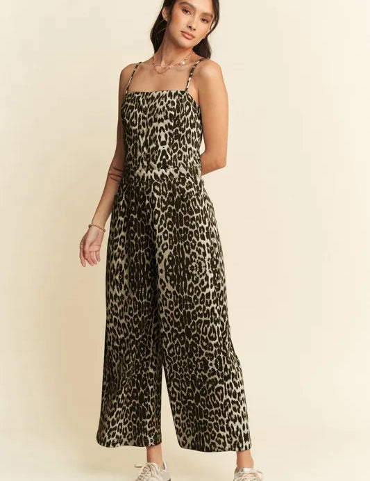 Davi & Dani Leopard Spaghetti Straps Wide Leg Jumpsuit | Jumpsuits Daverri Fashions