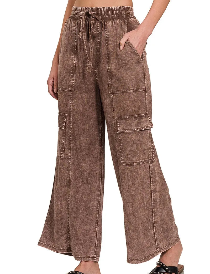 BROWN S Zenana Washed Linen Elastic Band Waist Cargo Pants | Pants Daverri Fashions