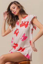 BiBi Bow Printed Woven Ruffled Sleeves V Neck Top | Tops Daverri Fashions