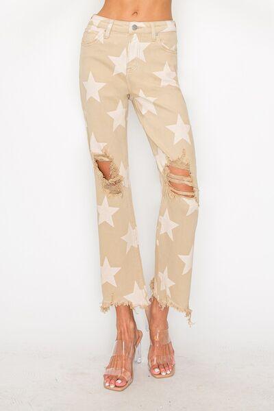 RISEN Full Size High Rise Star Printed Frayed Hem Jeans | Jeans Daverri Fashions