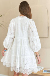 ADORA Lace Detail Tiered Eyelet V-Neck Babydoll Dress | Babydoll Dresses Daverri Fashions