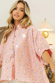 BiBi Sequin Striped Short Dolman Sleeve Blouse | Daverri Fashions