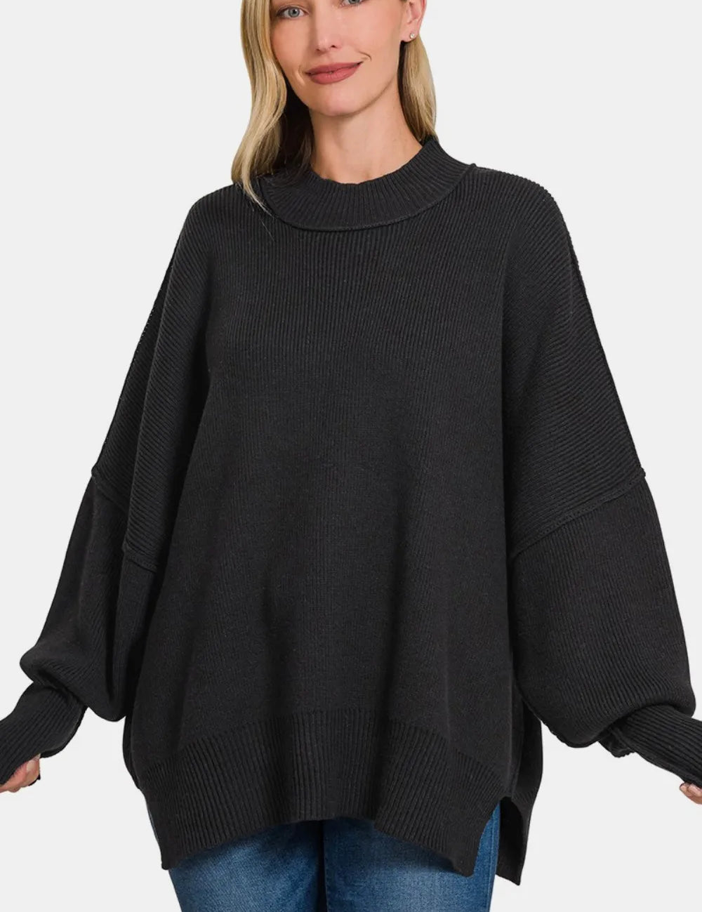 Black S M Zenana Side Slit Oversize Sweater Black | Sweaters Daverri Fashions