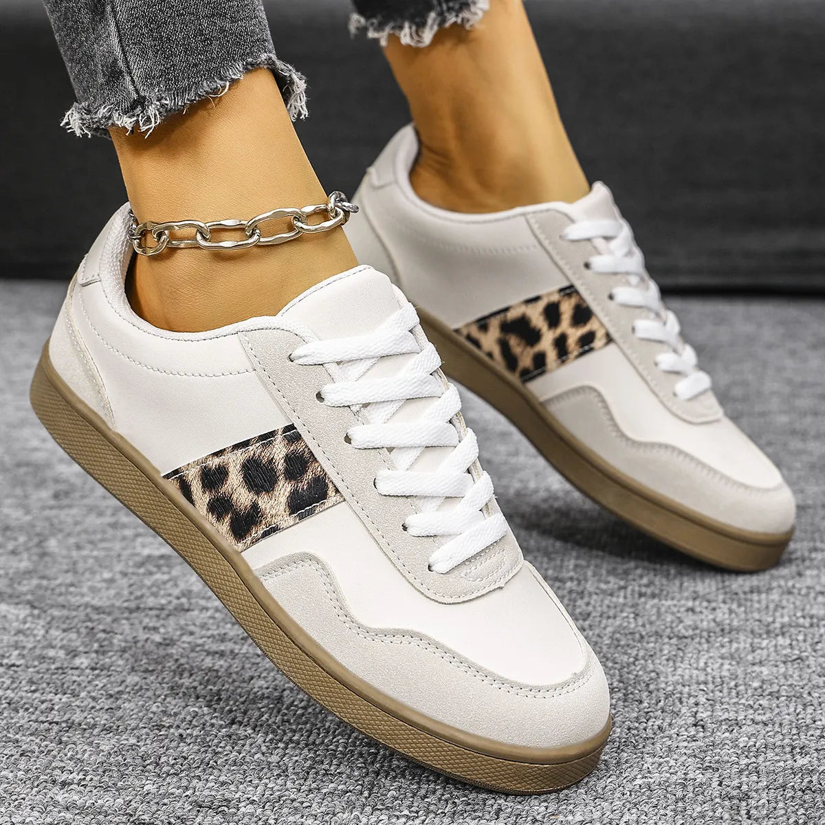 Leopard Lace Up Round Toe Sneakers | Sneakers Daverri Fashions