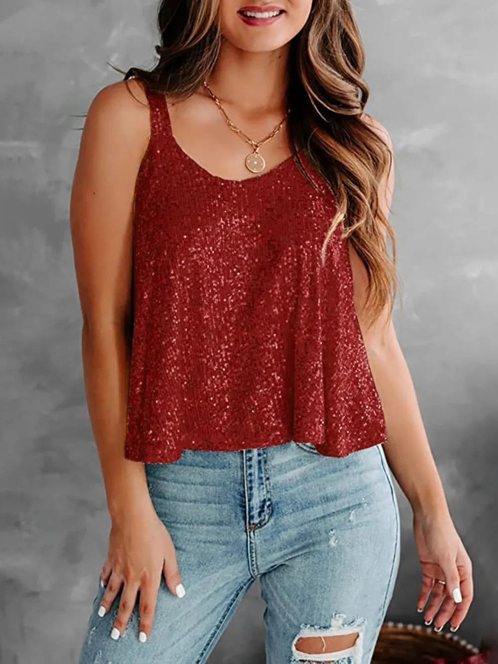 Burgundy Sequin Scoop Neck Tank | Tank Tops Daverri Fashions