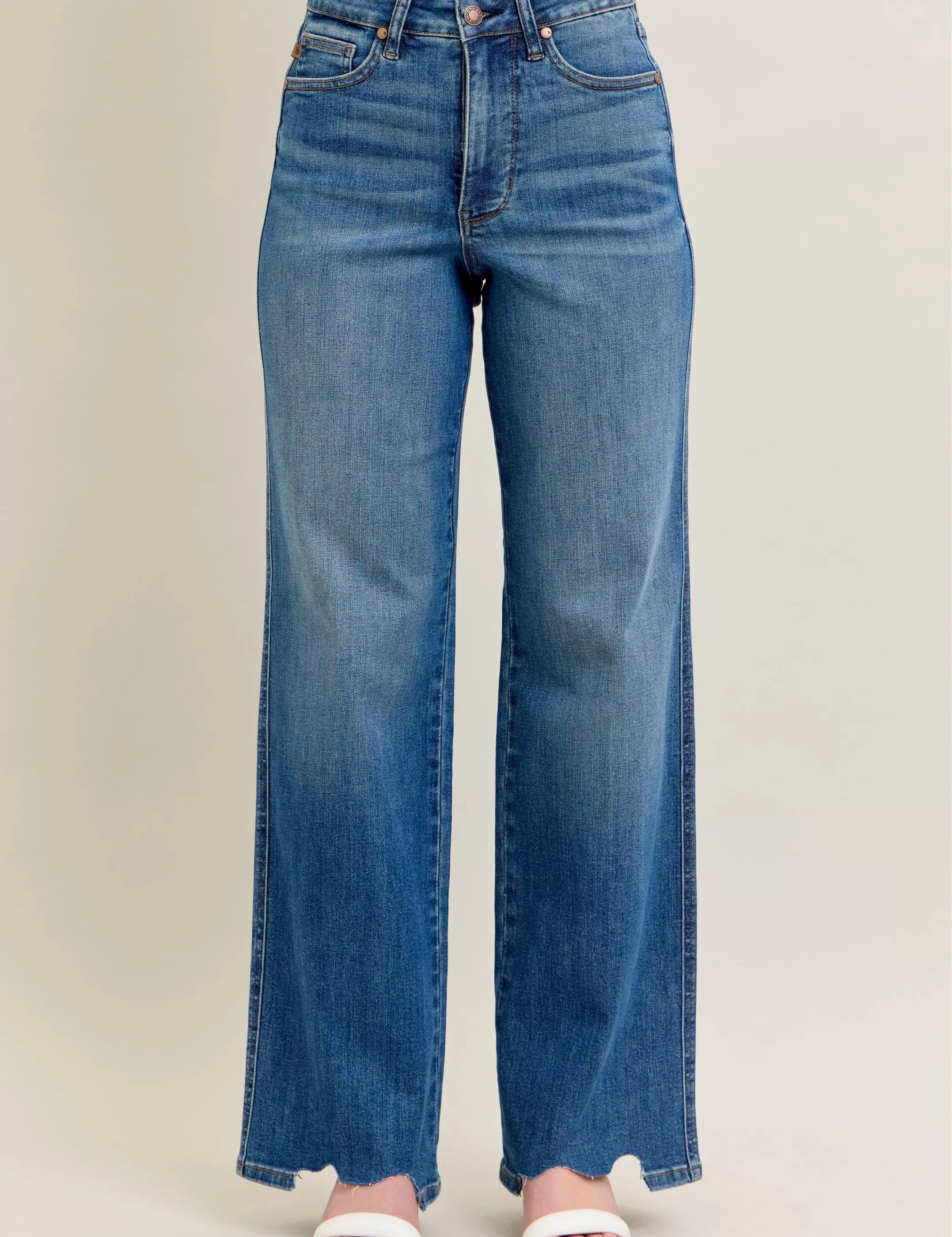 MD Judy Blue Full Size High Waist Tummy Control Chew Hem Destroy Wide Jeans Plus Size | Jeans Daverri Fashions