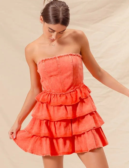 ORANGE SO ME Strapless Ruffle Layered Game Day Cheer Up Dress | Mini Dresses Daverri Fashions