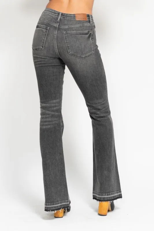 Judy Blue Full Size Mid Rise Tummy Control Washed Gray Release Hem Flare Jeans Plus Size | Daverri Fashions