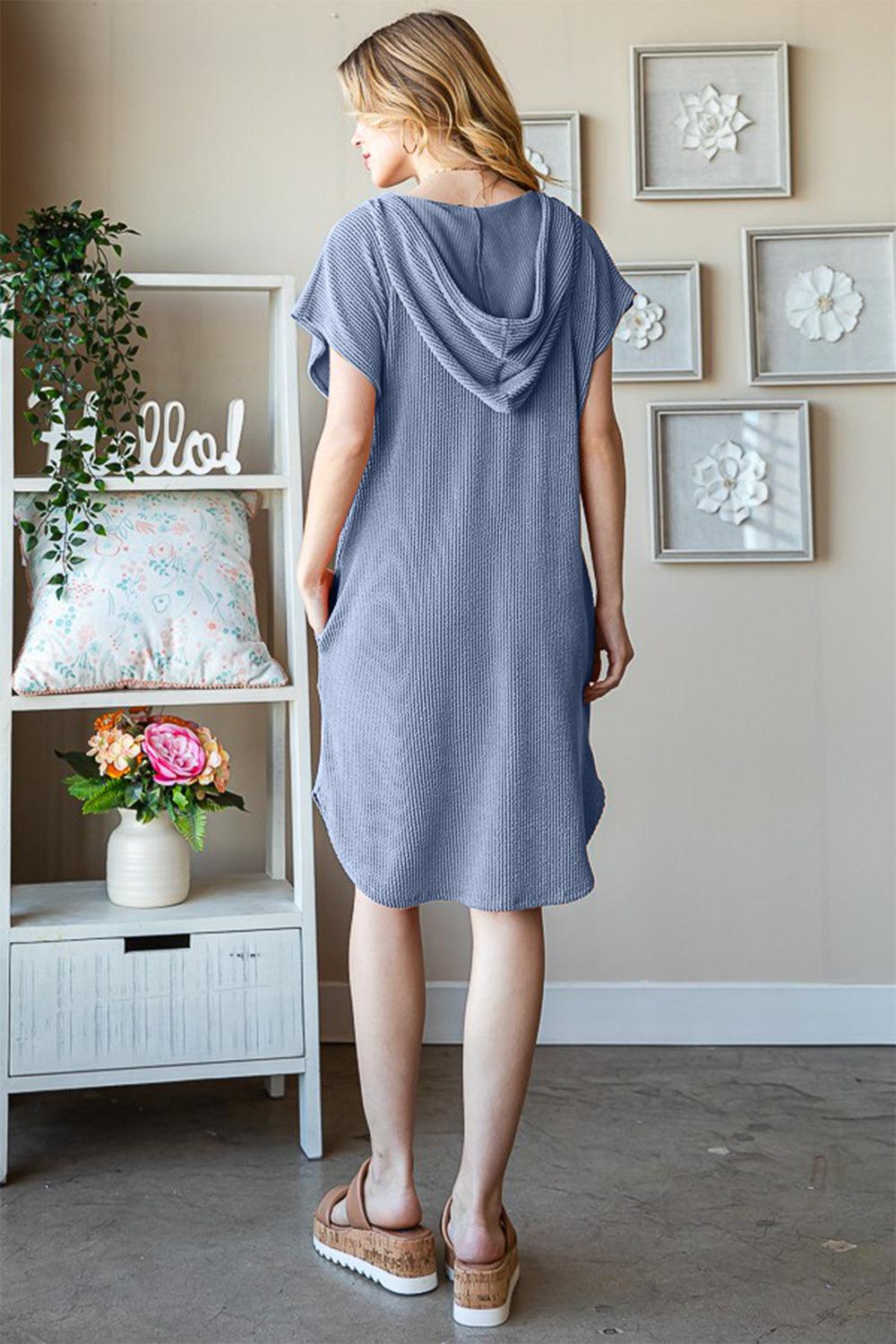 Heimish Full Size Ribbed Short Sleeve Hooded Dress | Daverri Fashions