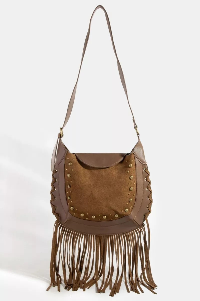 LBR one size Fame Rivet Trim Suede Fringe Shoulder Bag | Handbags Daverri Fashions