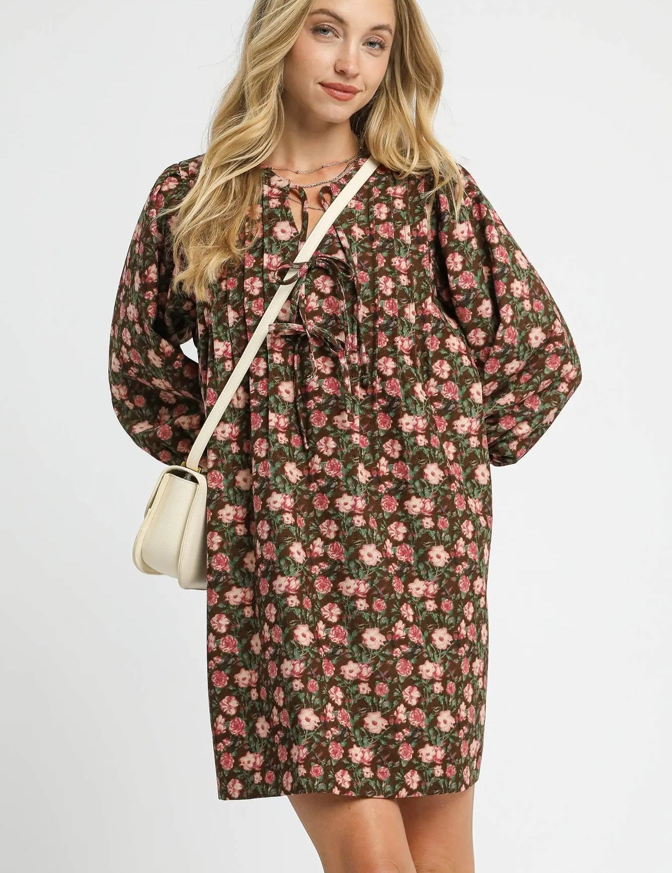 BROWN PINK L Umgee Floral Tie-Neck Babydoll Dress | Daverri Fashions
