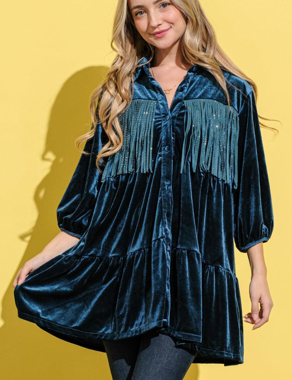 Teal And The Why Fringe Detailed Velvet Shirt Dress | Daverri Fashions